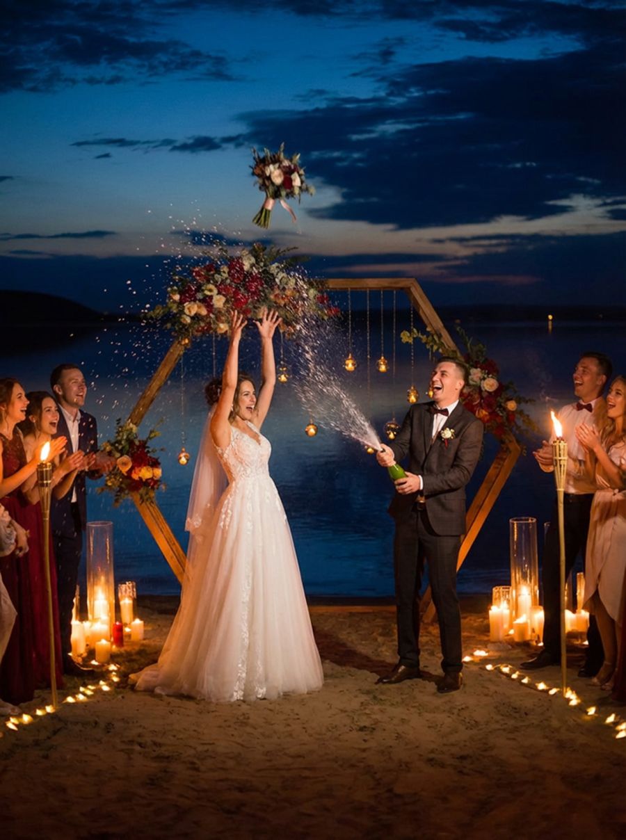 Декор свадебного стола с цветами и свечами в ресторане «Аркадия»