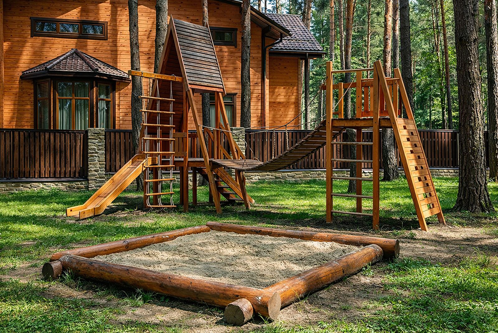 Детская деревянная площадка для детей на Базе отдыха "Аркадия" вблизи Белгорода