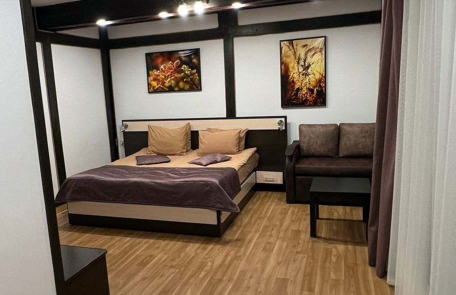 Трехместный номер с двуспальной кроватью и диваном