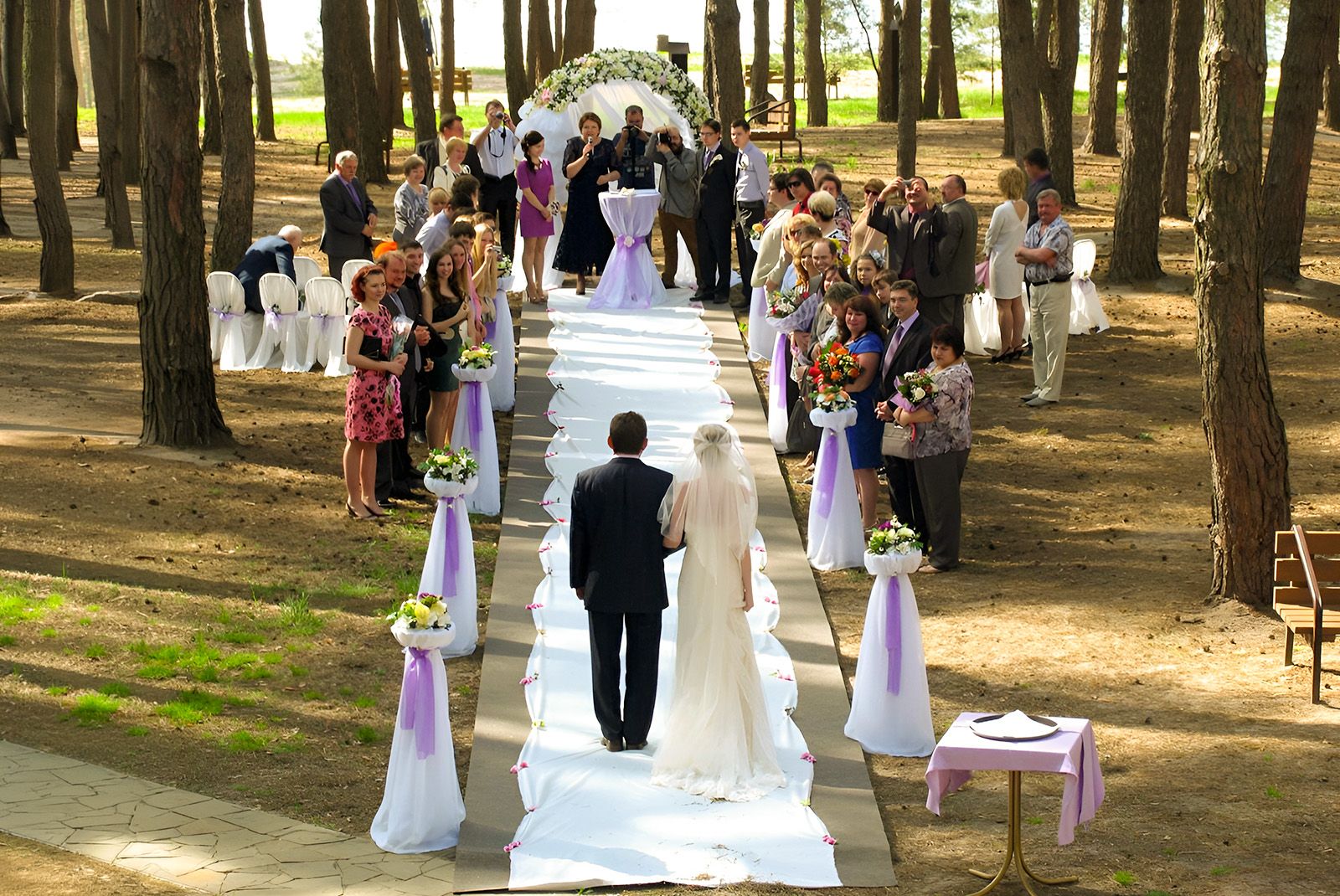 Свадебная выездная церемония на природе возле сосен