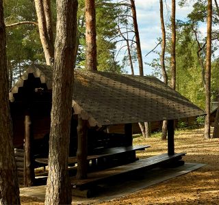 Беседка для дневного отдыха в сосновом лесу на базе отдыха «Аркадия»