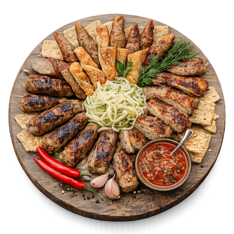 Ассорти мясных блюд в ресторане базы отдыха «Аркадия», подача на деревянной доске, блюда на мангале и соусы