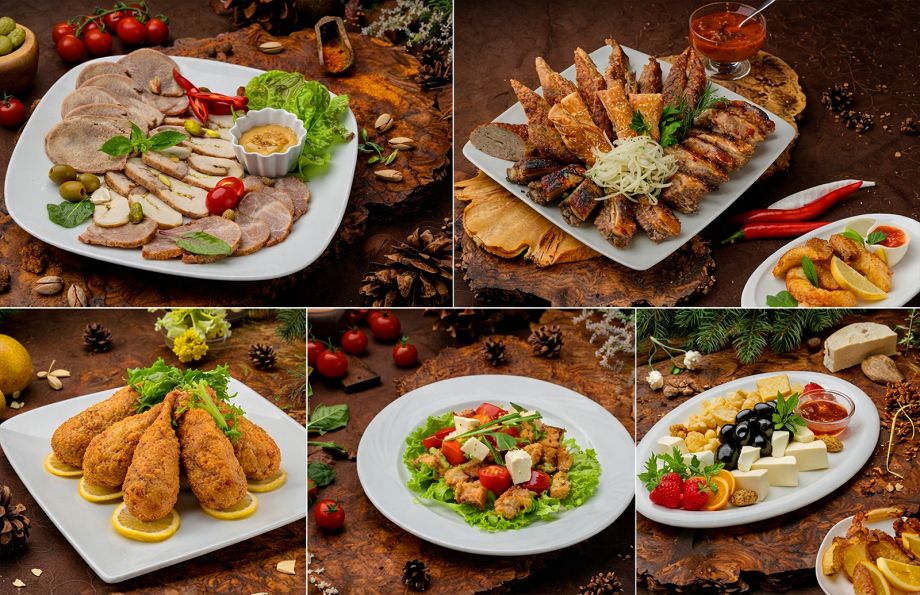 Интерьер и блюда ресторана на территории базы отдыха "Аркадия"